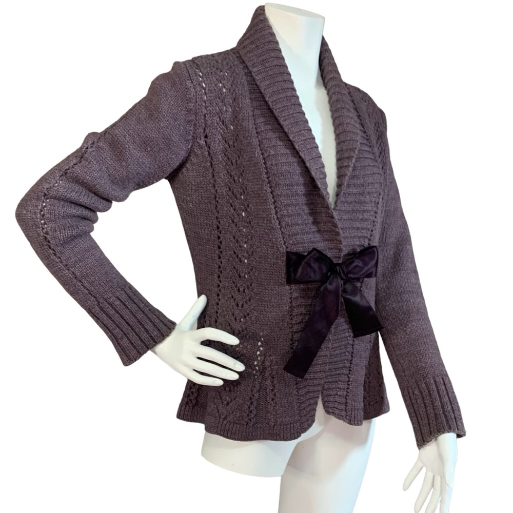 Bianco and Blu Italian wool cardigan, purple with beautiful ribbon tie, sz S